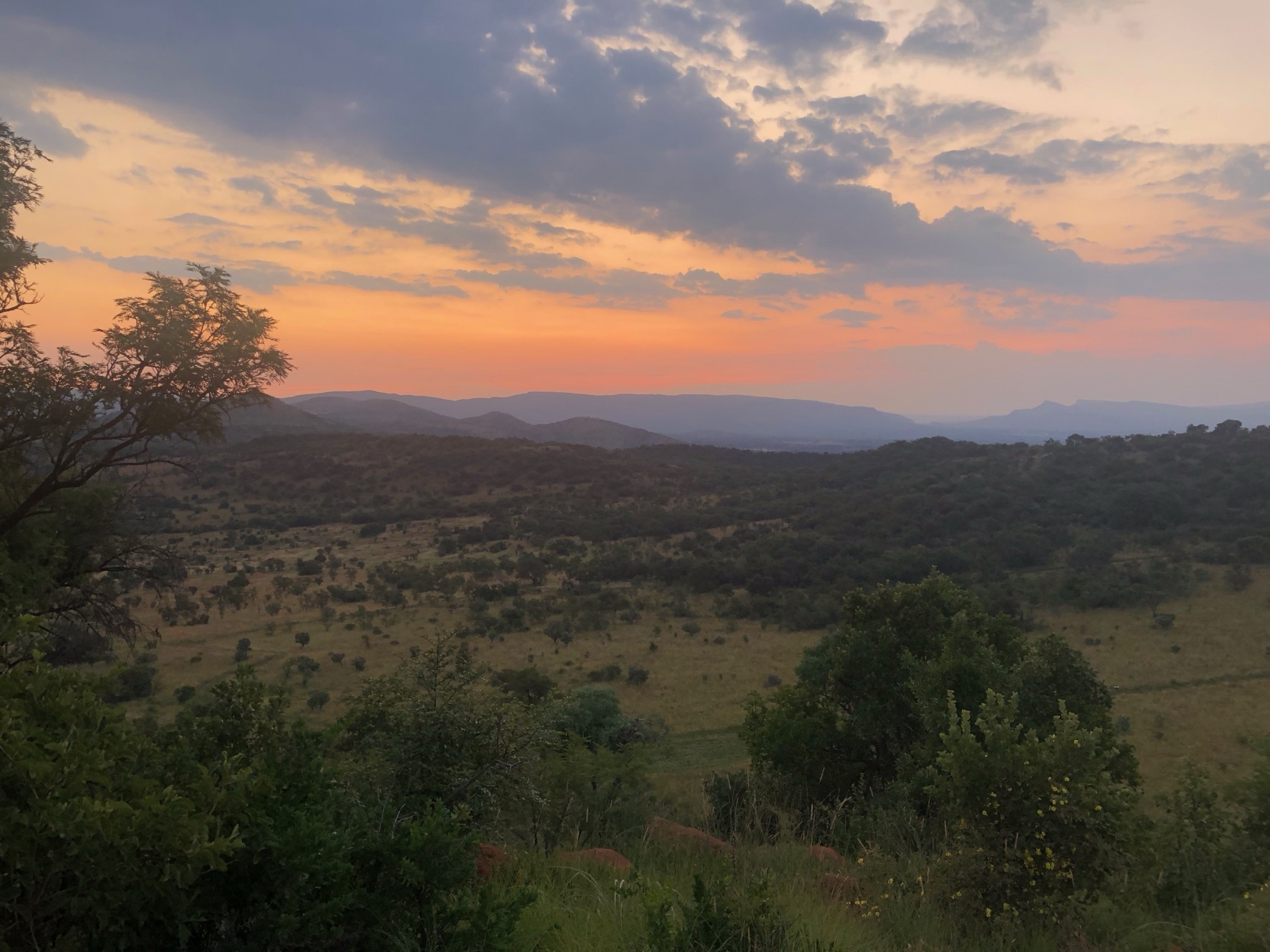 Rolling hills behind the property at hazy sunset
