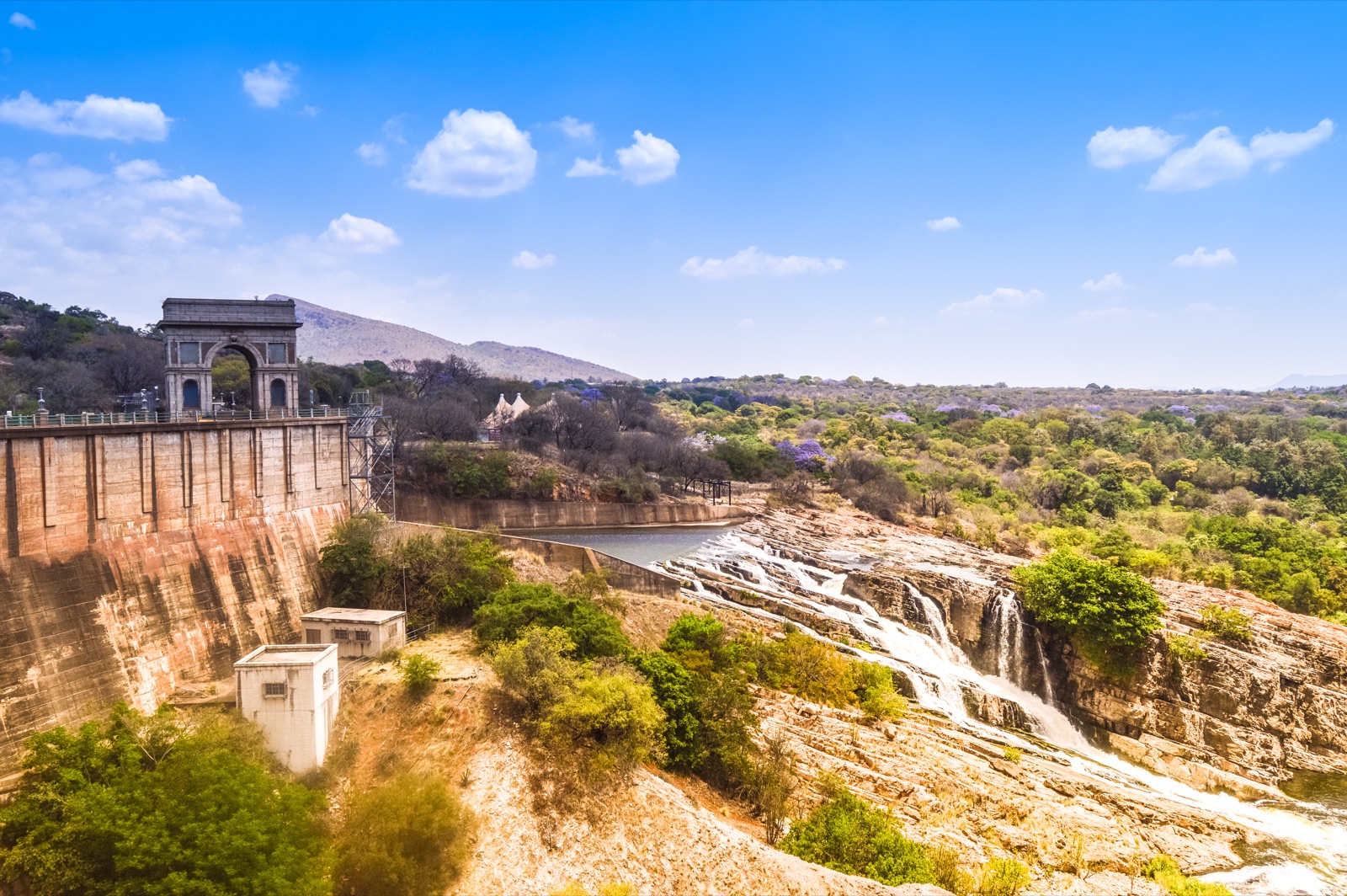 Hartbeespoort Dam arch entrance with waterfall